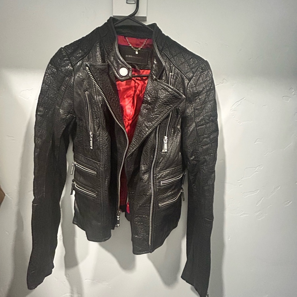 Women’s Black Leather Biker Jacket with Red Lining